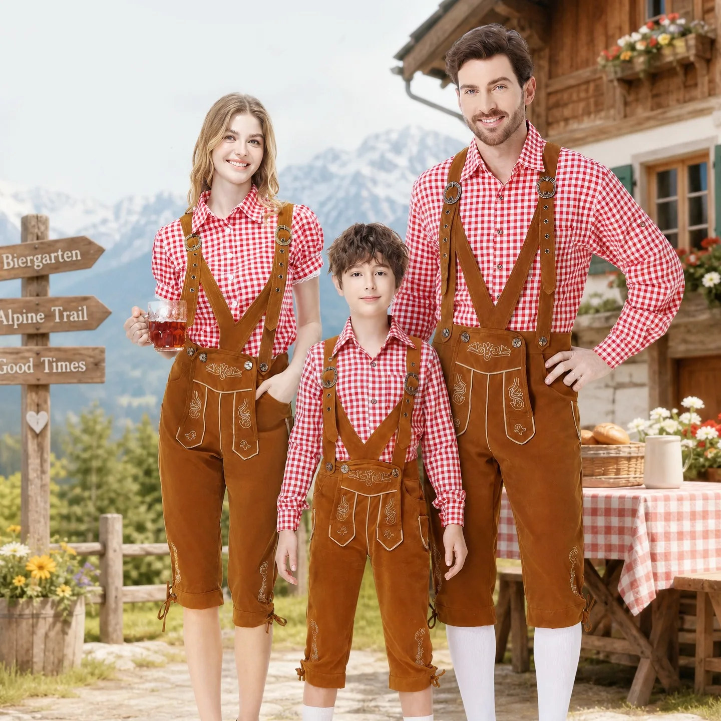 Family Oktoberfest Lederhosen Costume Matching Parent Child Outfit Red Plaid Shirt Brown Suspender Shorts Bavarian Dress PS66