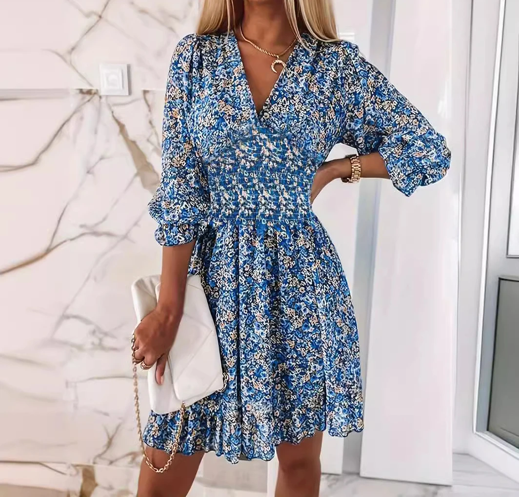 

Elegant Short Dresses Women's Clothing Spring 2024 Fashion Short Sleeved Floral Dress Casual Pullover V-Neck Skirt for Female