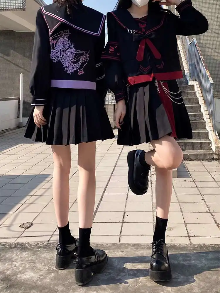 Jk 유니폼 정장 여름 의류 Hottie Sailor 유니폼 Dark Bad 짧고 긴 치마 Cos Cosplay 보라색 빨간색 티셔츠 긴 소매