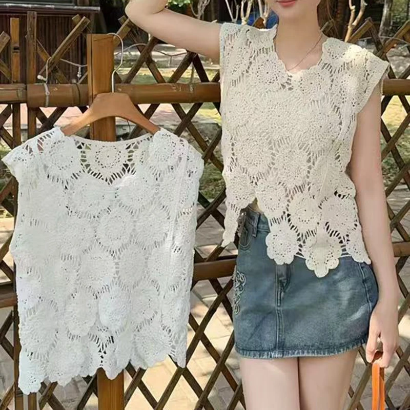 2025 Summer Hook Flower Hollow Blouse Sleeveless Knitted Tank Top Irregular Embroidery Women Shirt
