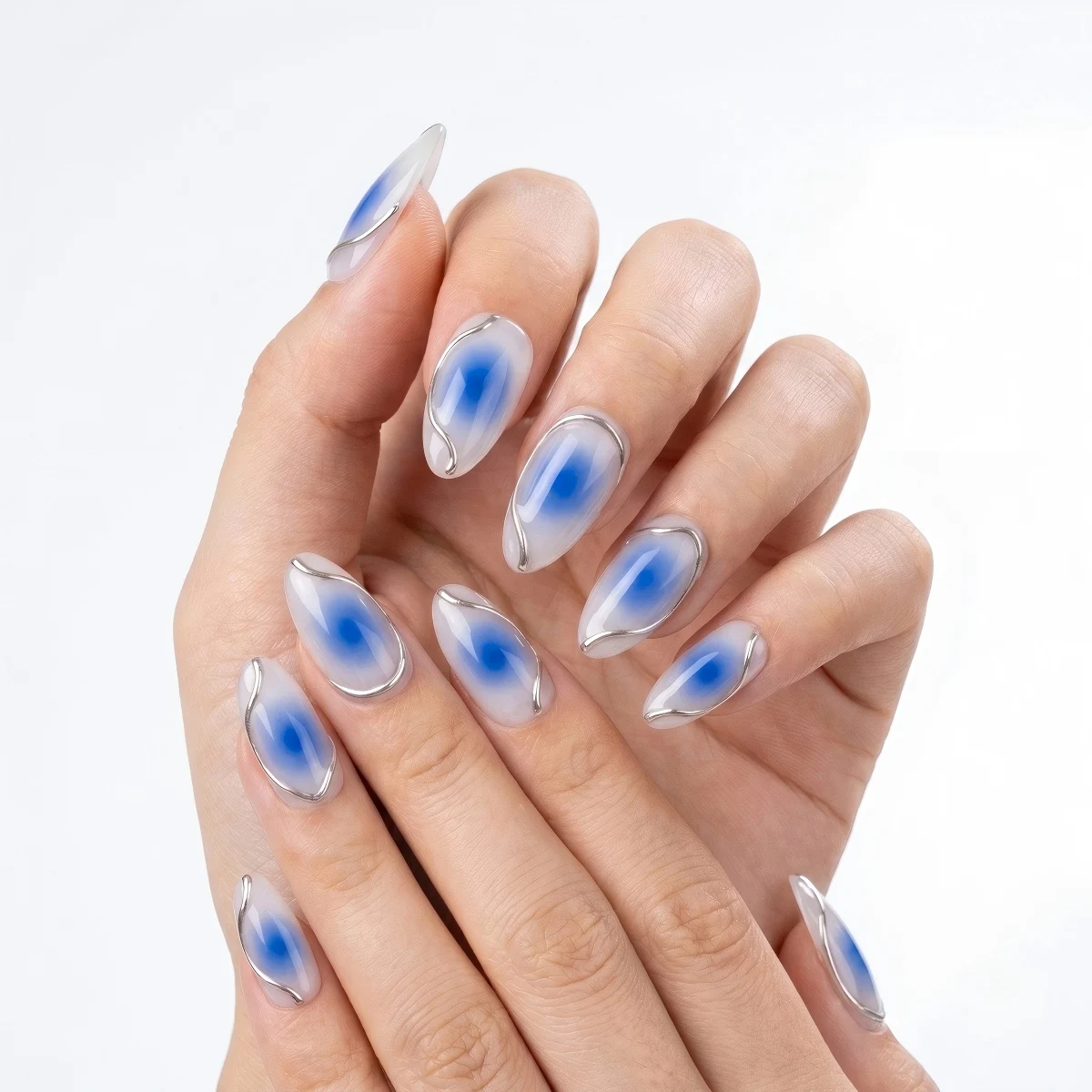 

Hand-Painted Blue Aura Press On Nails 3D Silver Rim White Porcelain Fake Nails Reusable Y2K Ballerina Slim Fit