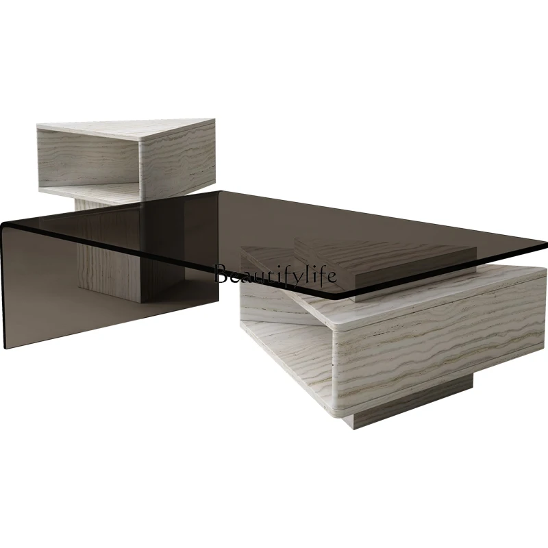

Natural Marble Coffee Table Italian Style Light Luxury Glass Creative Rectangular Extendable