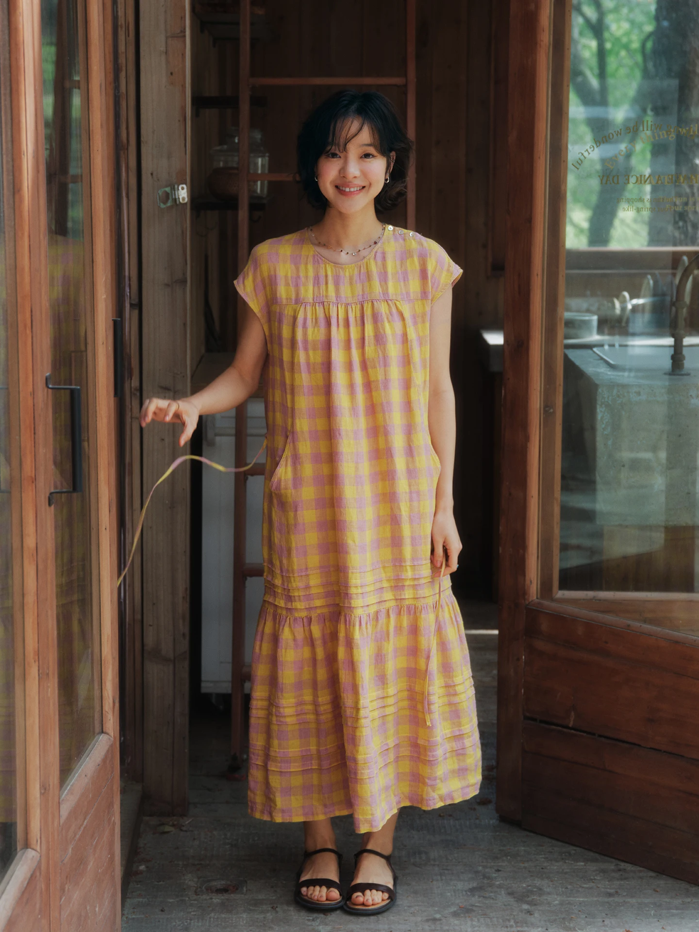 Retro H-Shape Linen Dress Women's Loose Fit Summer Casual round Neck Short Sleeve Color Woven Grid Pattern Dress