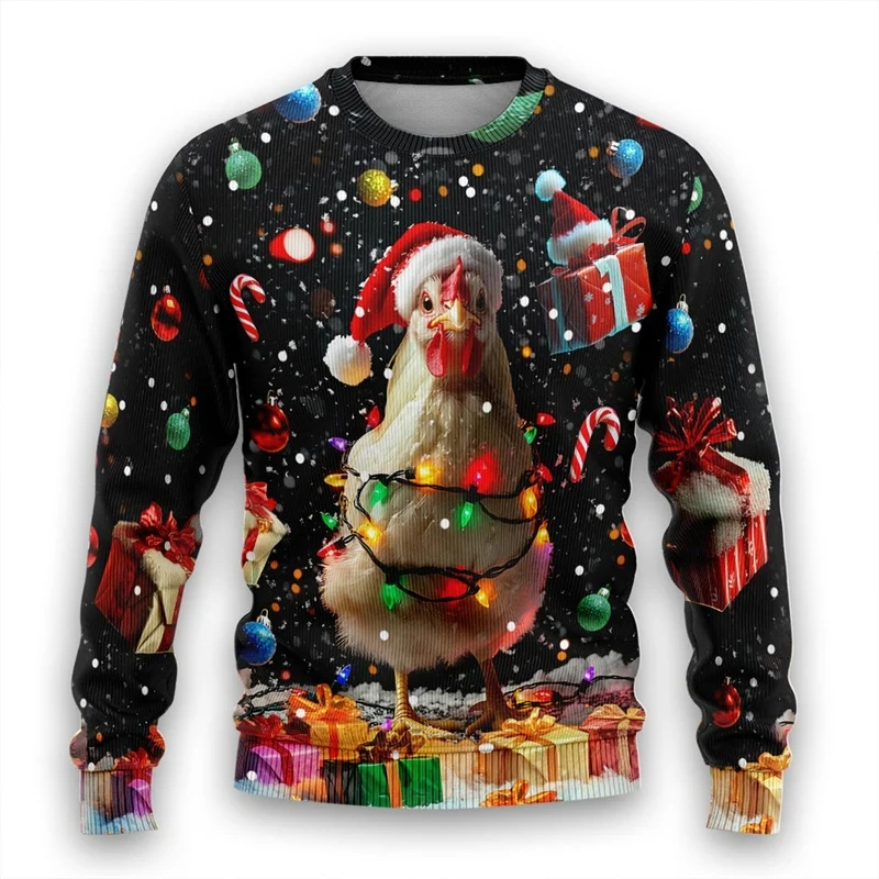 Autumn and Winter Ugly Chicken Christmas Ugly Sweater Funny Rooster 3D Pattern Sweatshirt Casual Unisex Jacket Sweater Long Slee