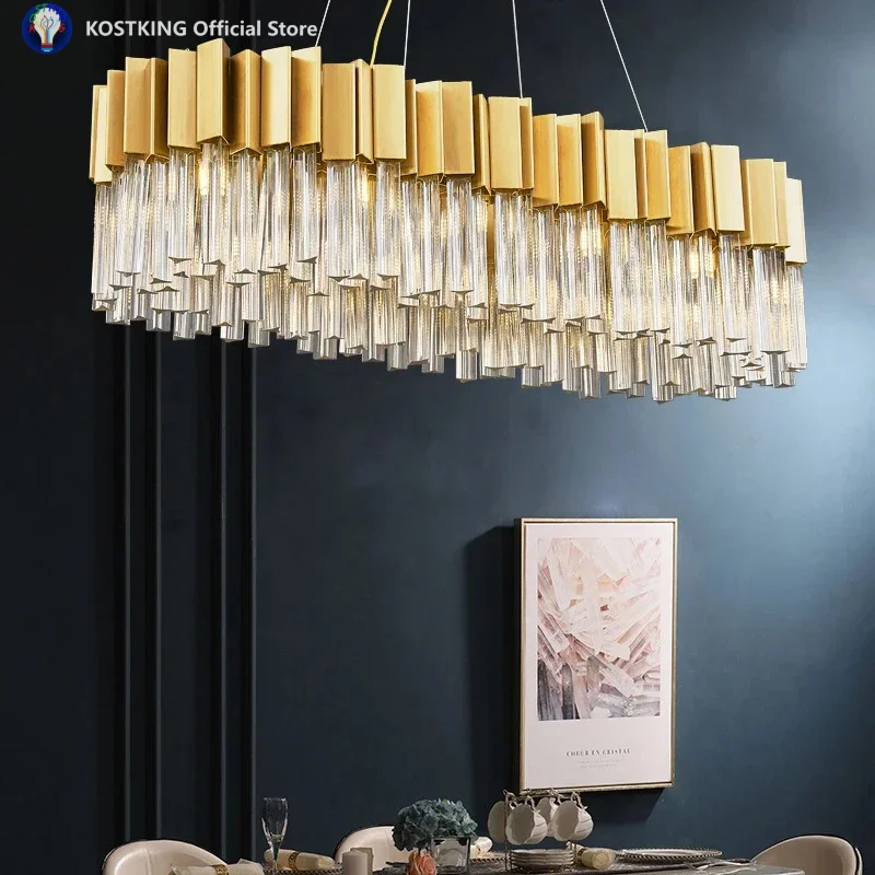 Modern crystal chandelier for dining room luxury kitchen island lighting fixture rectangle brushed gold hanging cristal lamps