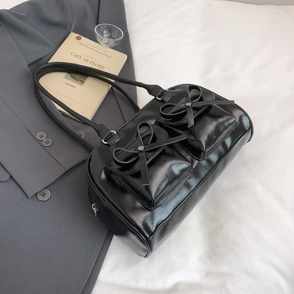 

Fashion French Style Bow Ribbons Bowling Bag Elegant Large Capacity Boston Shoulder Bag PU Leather Casual Women Handbags Girls