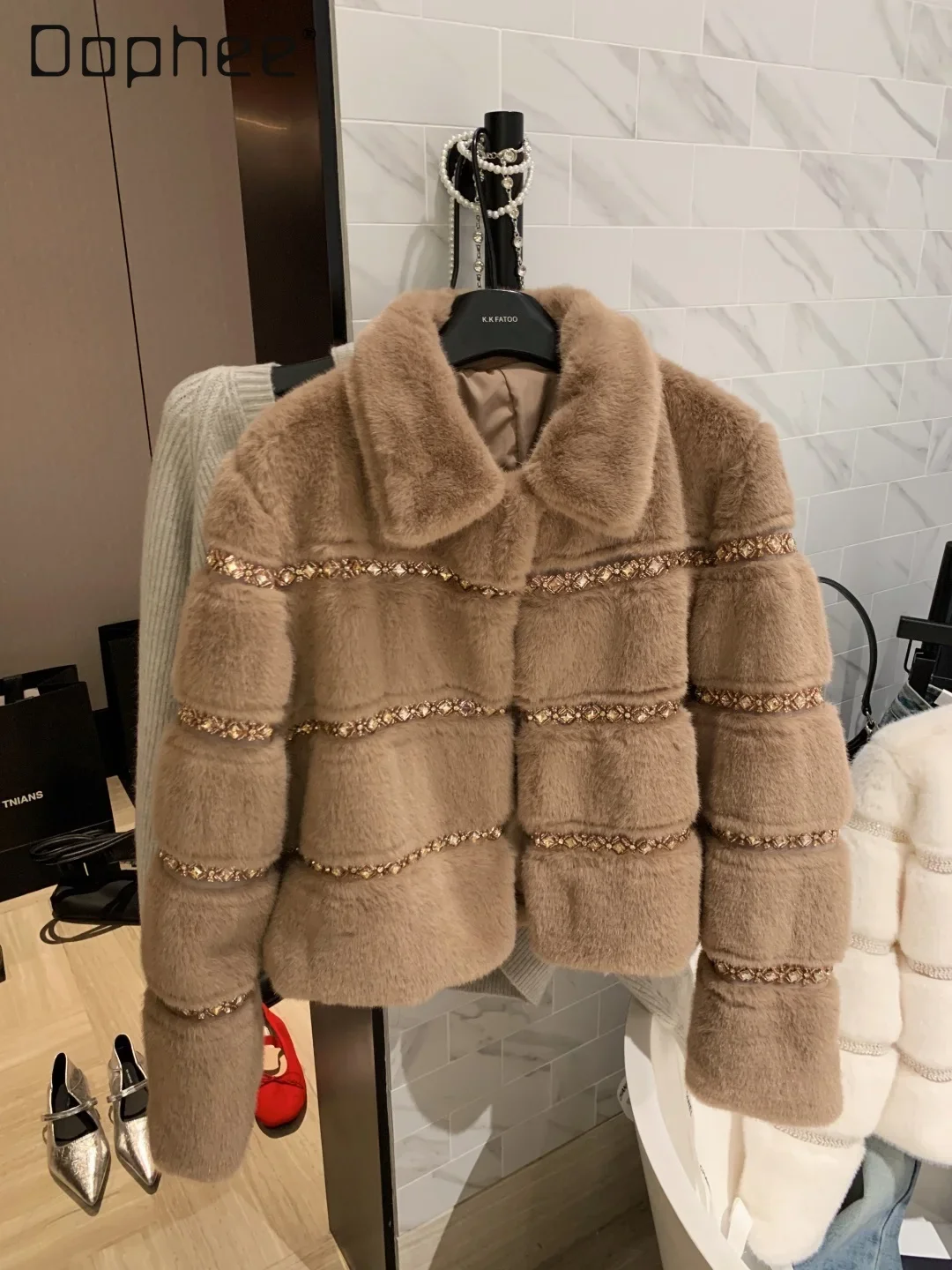 Luxury Diamond Mink Fur Coats Women Turn Down Collar Long Sleeve Warm Short Jacket Elegant Ladies Outwear 2025 New Fashion