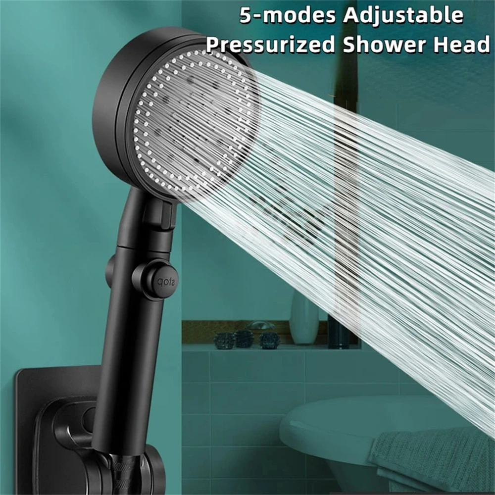 High Pressurized Water Saving Shower Head 5 Mode Adjustable Hand Hold Spray Nozzle Shower Sets Holder Hose Bathroom Accessories