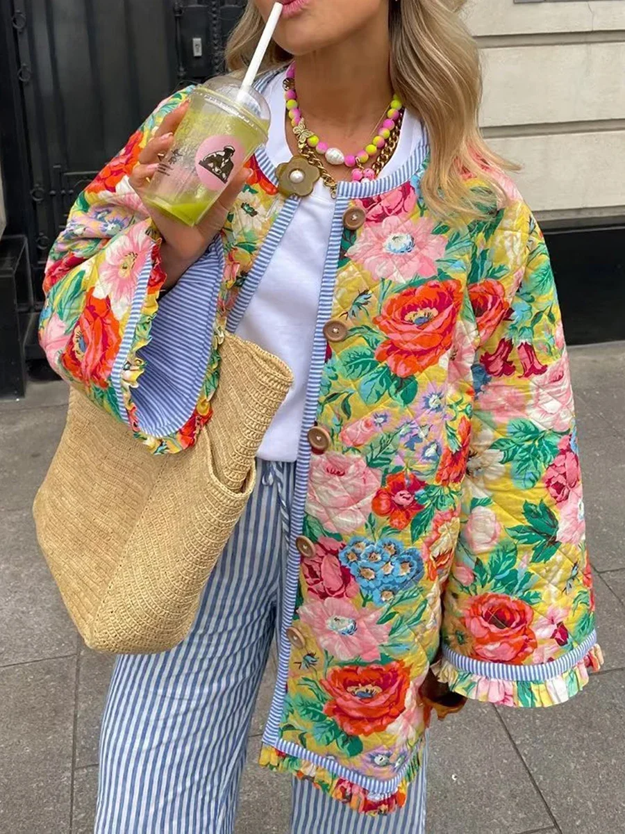 

Warm OutwearWomen Fall Winter Loose Quilted Jacket Floral Print Button Down Long Sleeve Padded Coat
