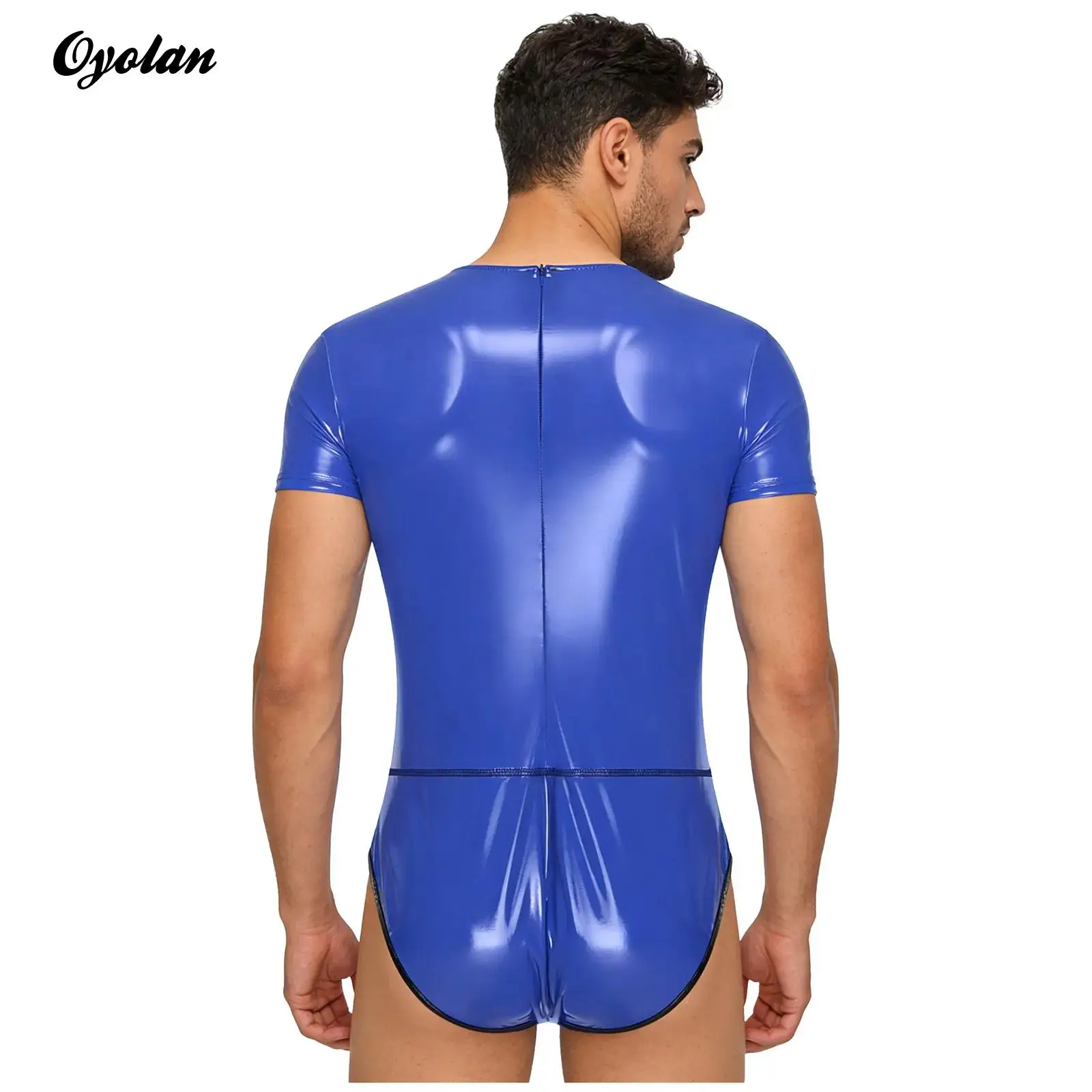 

Mens Lingerie One Piece Glossy PU Bodysuit Sexy Rave Clubwear Rompers Question Mark Graphic Bulge Pouch Bodycon Leotard Jumpsuit