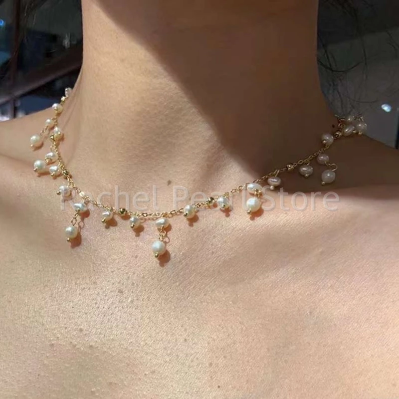 

5-6mm Natural Pearl Choker Necklace Real Beaded Clavicle Chain Lady Style For Girls Fine Jewelry Free Shipping