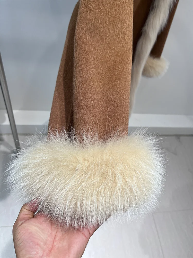 2025년 신상 겨울 따뜻한 여성용 천연 여우털 칼라 코트 재킷 울 망토 캐시미어 럭셔리 두꺼운 여성 코트