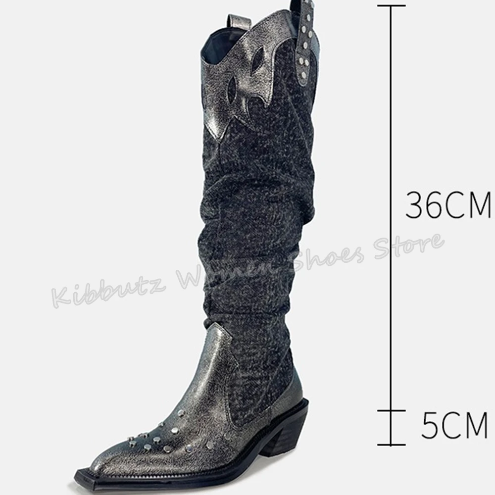 Rivet Knee High Boots Flames Square Toe Chunky Heels Genuine Leather Slip-On Fashion Concise Luxury Novelty Women Shoes Newest