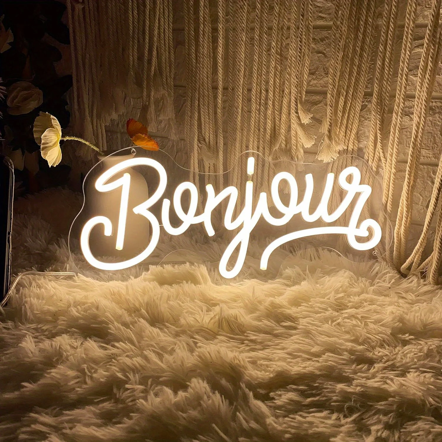 Bonjour Neon Sign LED Warm White French Hello USB Powered Night Light Cozy Wall Art Bedroom Living Room Cafe Decoration