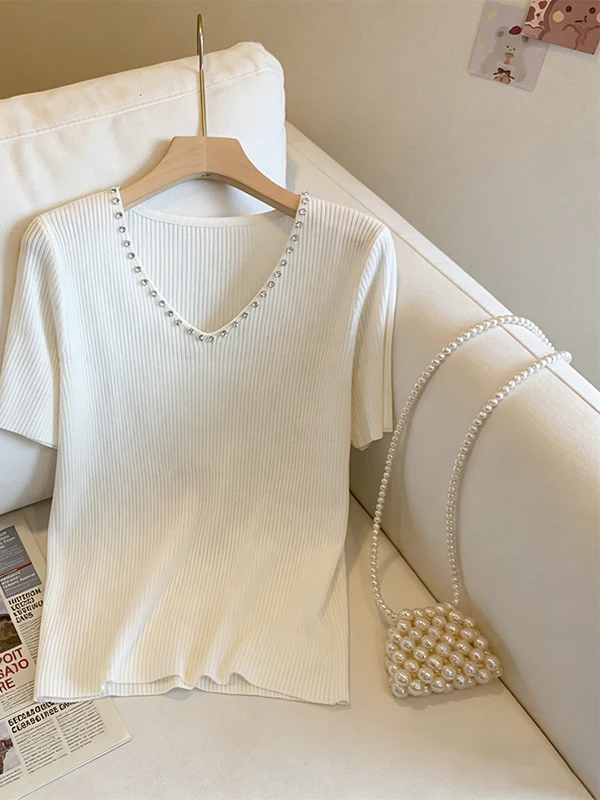 

plus Size Summer New Women's Ice Silk V-neck Short Sleeve T-shirt Youthful Feeling Plump Sister Comfortable Breathable Korean...