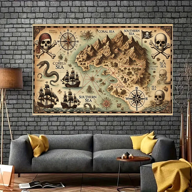 1pc Pirate Treasure Island map background, polyester - detailed cartoon design, including skeletons, ships and treasures