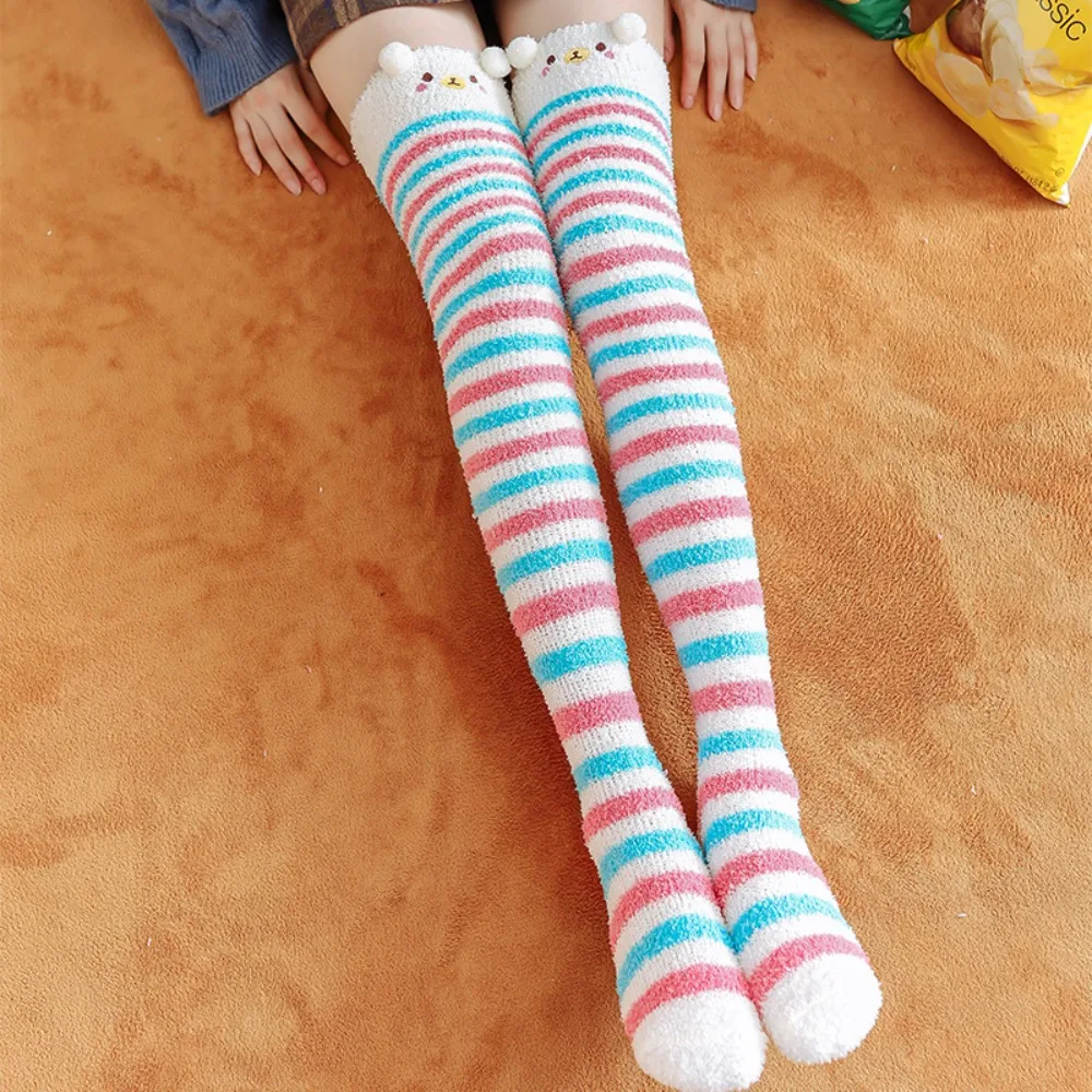 Cute Striped Over-knee High Socks Cartoon Bear Winter Stockings Women Hosiery Thicken Calf Snow Scoks Children Stocking