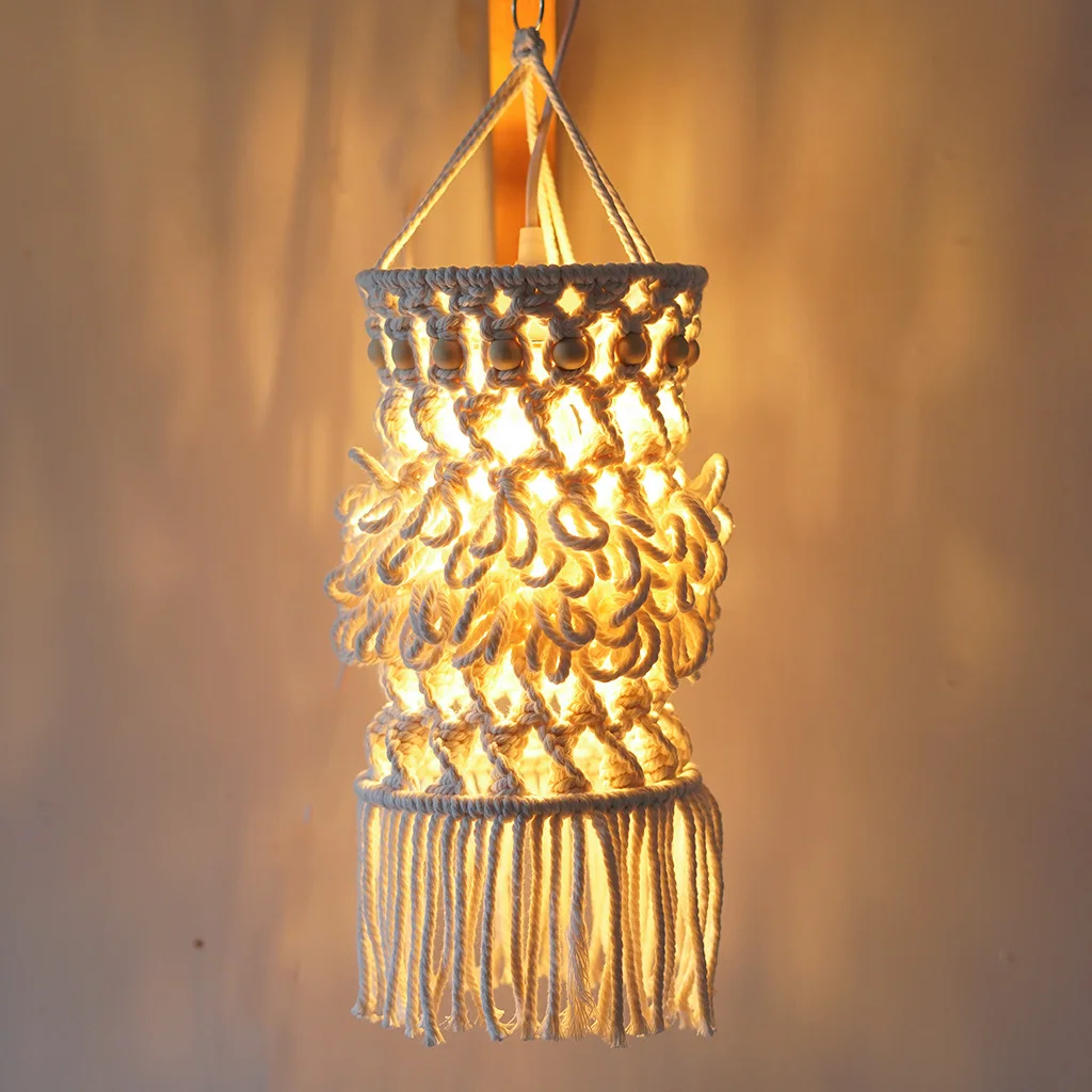Bohemian Macrame Cotton Rope Pendant Lamp Shade Boho Nordic Style Home Decor Lighting Cover Handwoven Beaded Tassel Lamp Shade