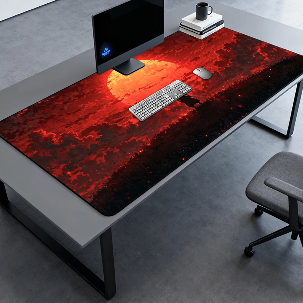 Japanese Dark Mouse Pad Pc Gaming Desk Mat 180x60 Samurai 160x60 XXXL Aesthetic Large Mousepad Red Sunset Accessories Mousepads
