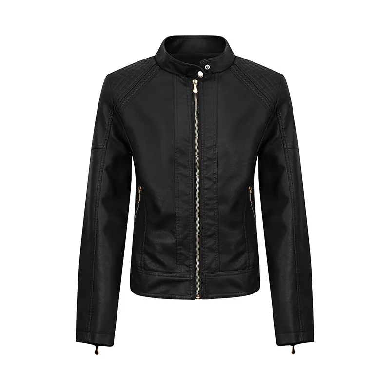 Maidangdi leather jacket, women\'s slim fit motorcycle suit plush leather jacket solid color multiple colors no hat