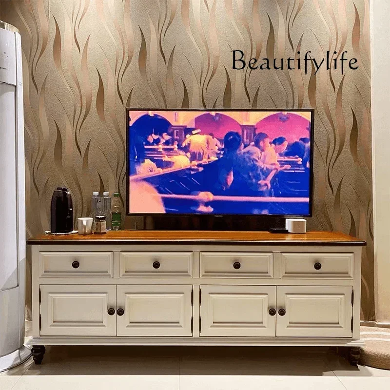 Pure Solid Wood High TV Cabinet Audiovisual Cabinet Heightened American Simple Pastoral Small Apartment Furniture