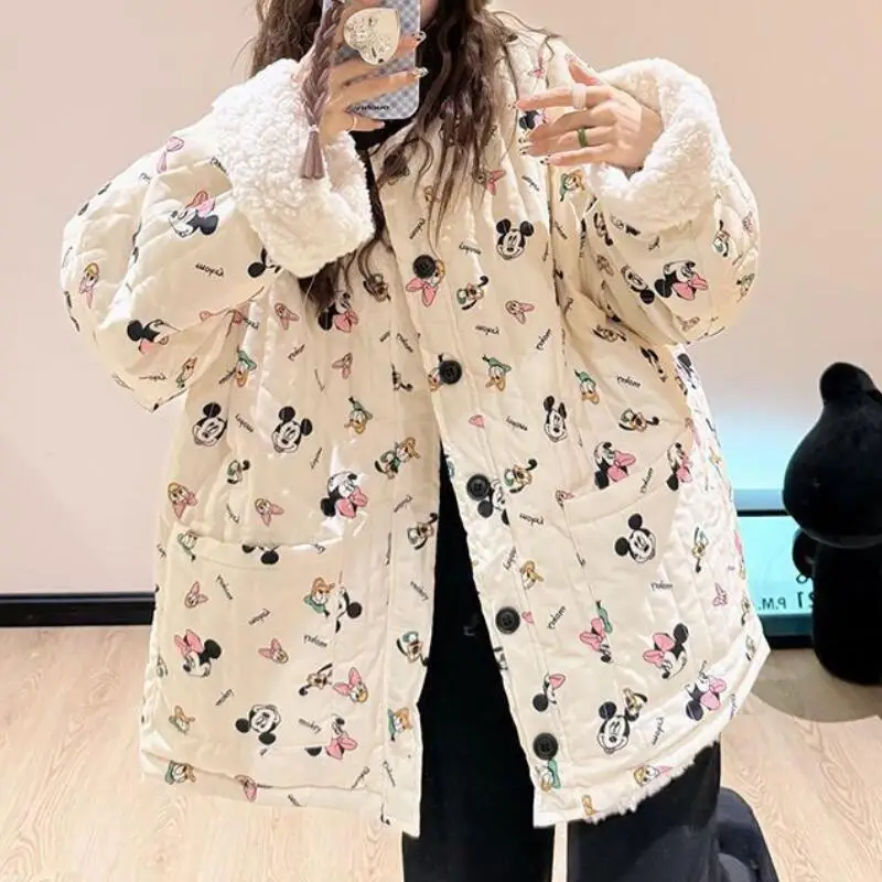 New Women's Warm Double-Sided Sherpa Jacket Cartoon Winter Loose Versatile Student Kawaii Thickened Cotton Jacket Down Jacket