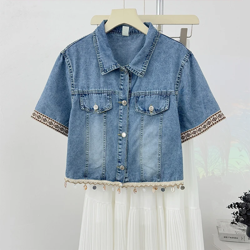 

Korean Style Fashion Tassel Short Sleeve Denim Coat for Women Summer Thin Loose Retro Single Breasted Cardigans Tops 2025 New