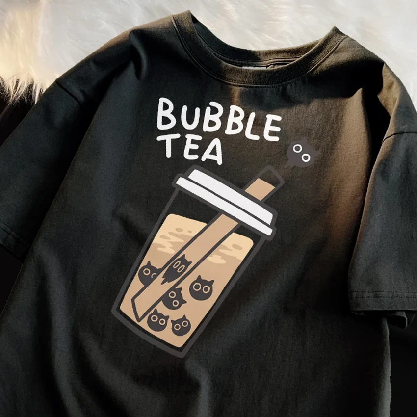 

Cat Pearl Milk Tea Cartoonmans T Shirt Fitting Loose Tee Clothing Leisure Shoulder Drop T-Shirts Pleasure Cool Short Sleeved