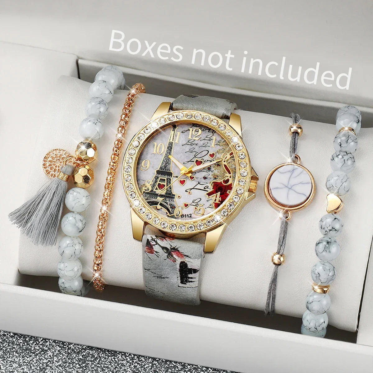 4Pcs Women Watch Jewelry Set Eiffel Tower Print PU Band Quartz Wristwatch Beaded Bracelet Set Boxes Not Included