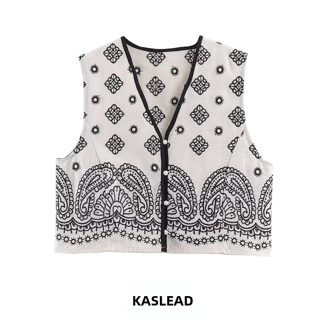 

KASLEAD New Women's Casual Ethnic Style Embroidered Heavy Work V-Neck Tank Top Polyester Fabric Regular Length Geometric Pattern