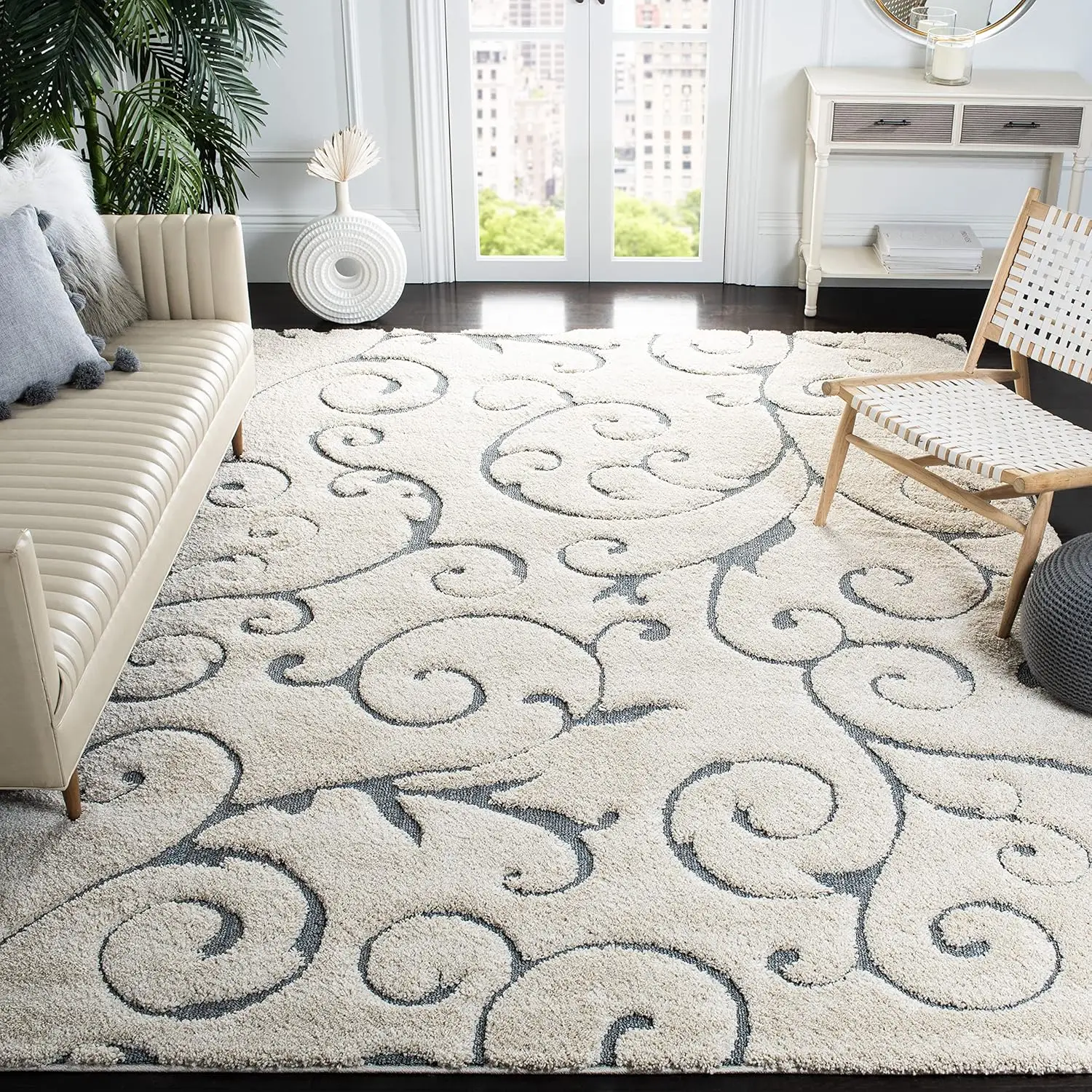 Safavieh Florida Shag Collection Area Rug - 8' X 10', Beige & Blue Grey, Scroll Design, Non-Shedding & Easy Care, 1.2-Inch