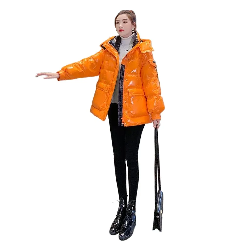 

Глянцевая пуховая хлопковая одежда, женская новая зимняя популярная модная цельнолитая оранжевая термокуртка в иностранном стиле, женское свободное пальто