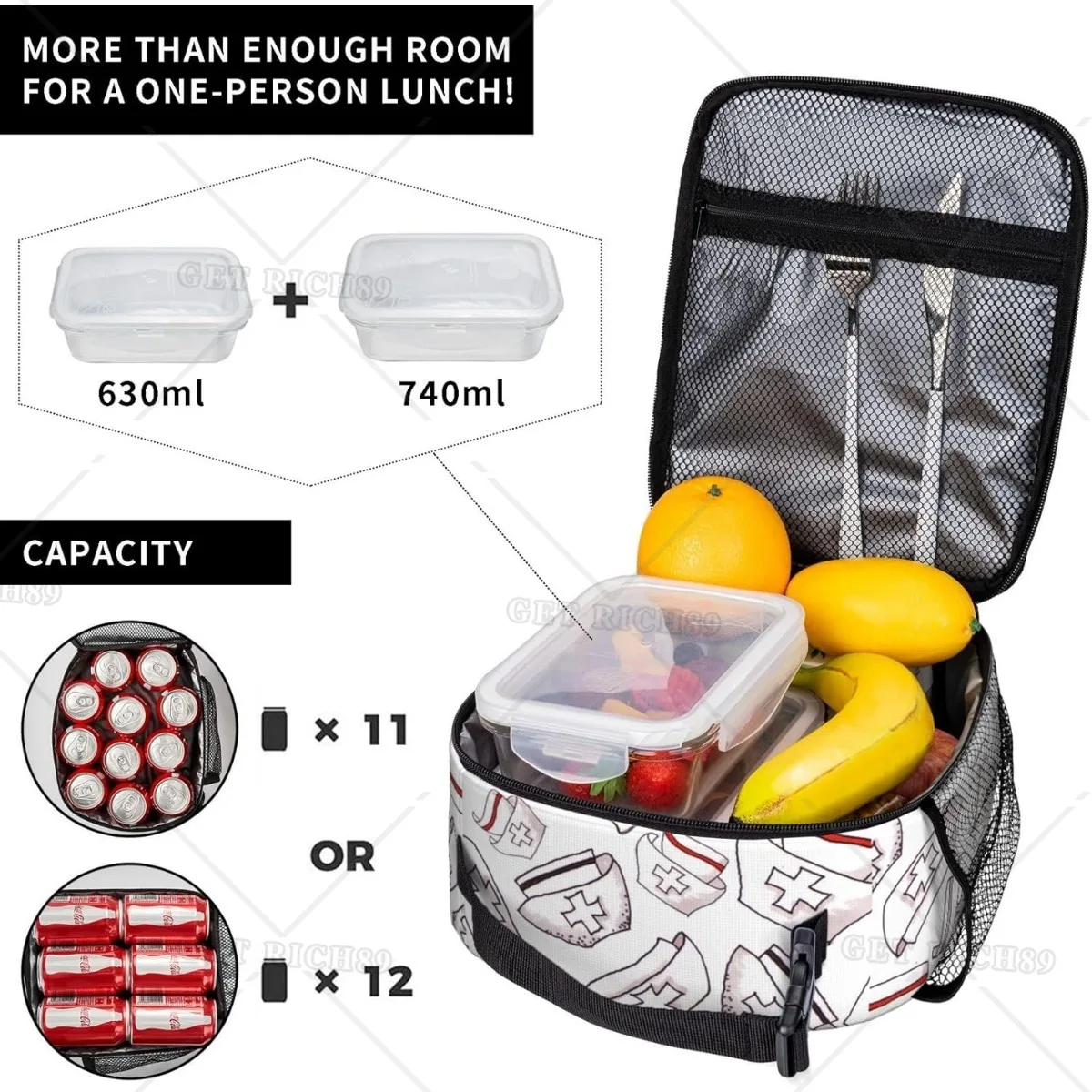 Nurse Hat Printed Insulated Lunch Bag White Large Capacity Lunch Box for Women Reusable Portable Lunchbox for Travel Work Picnic