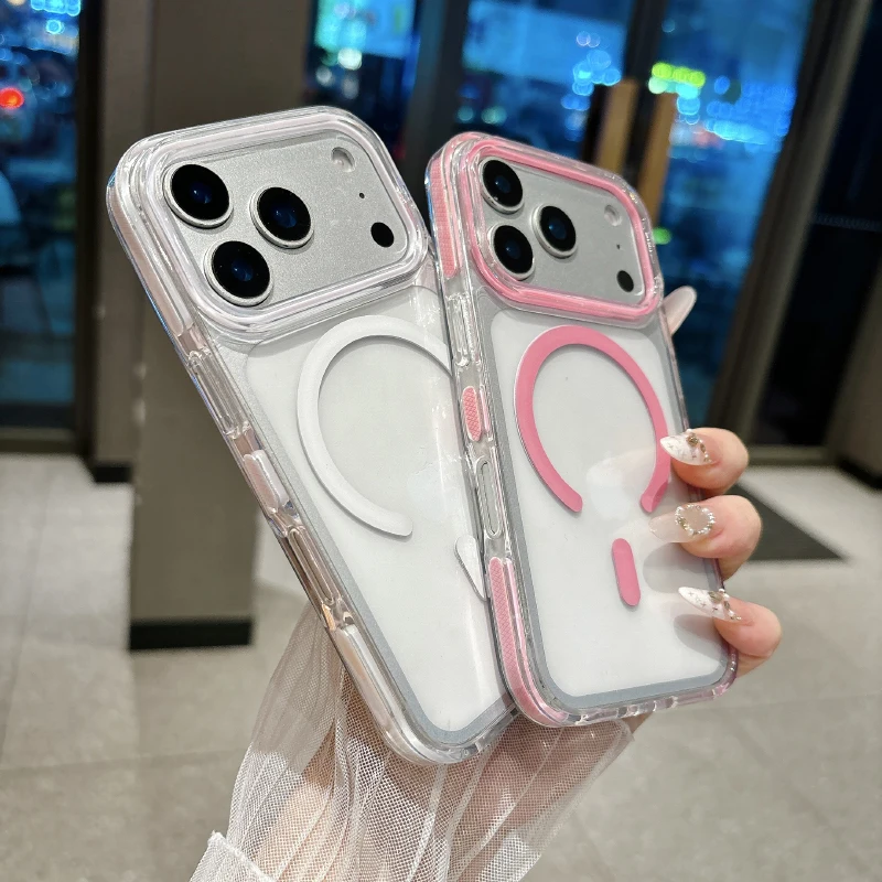 Anti Slip Border Transparent PC Phone Case For iPhone 18 17 Pro Max 15 14 13 12 11 16 Pro Max For Magsafe Magnetic Back Cover
