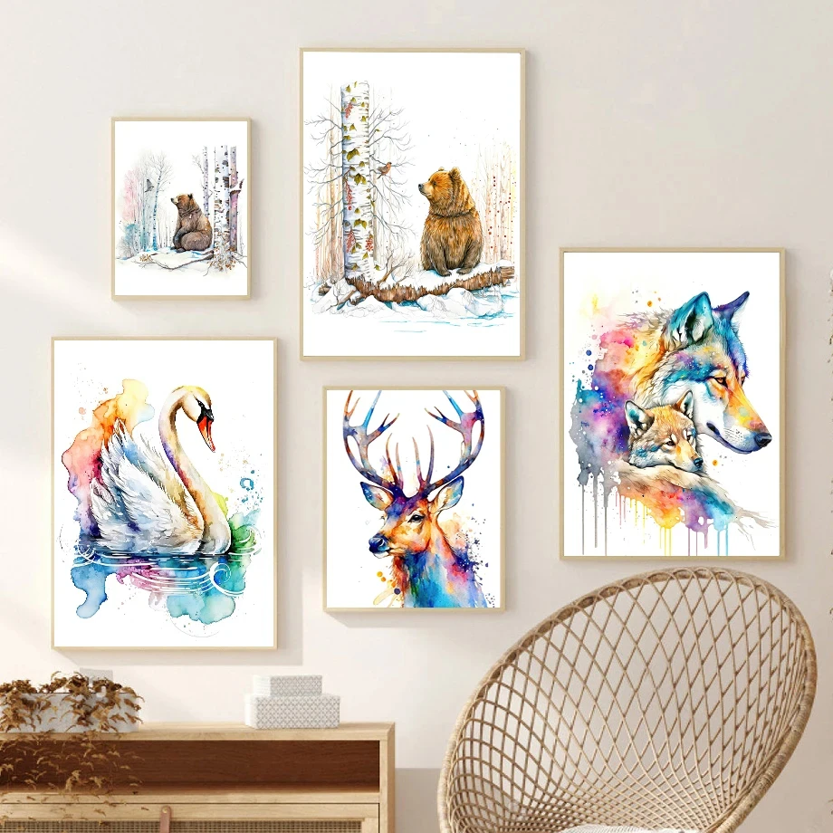Mother Bear And Baby Bear Mother Wolf And Baby Wolf Swan Elk Snow Bear Fashion Wall Art Canvas Painting Nordic Poster Room Decor