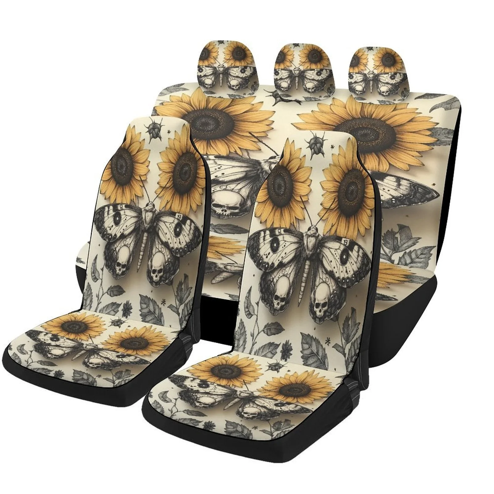 

Sunflower Skull Moth Car Seat Cover Set - Trendy Novelty High-Quality Full Set For 2 Front & Rear Seats, Machine Washable, All-S