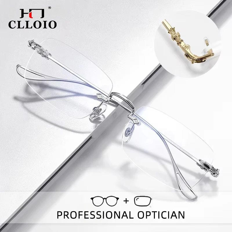 

CLLOIO Deluxe Square Rimless Reading Glasses Pure Titanium Temple MR-8 Anti Blue Ray Lens Myopia Customized Prescription Glasses