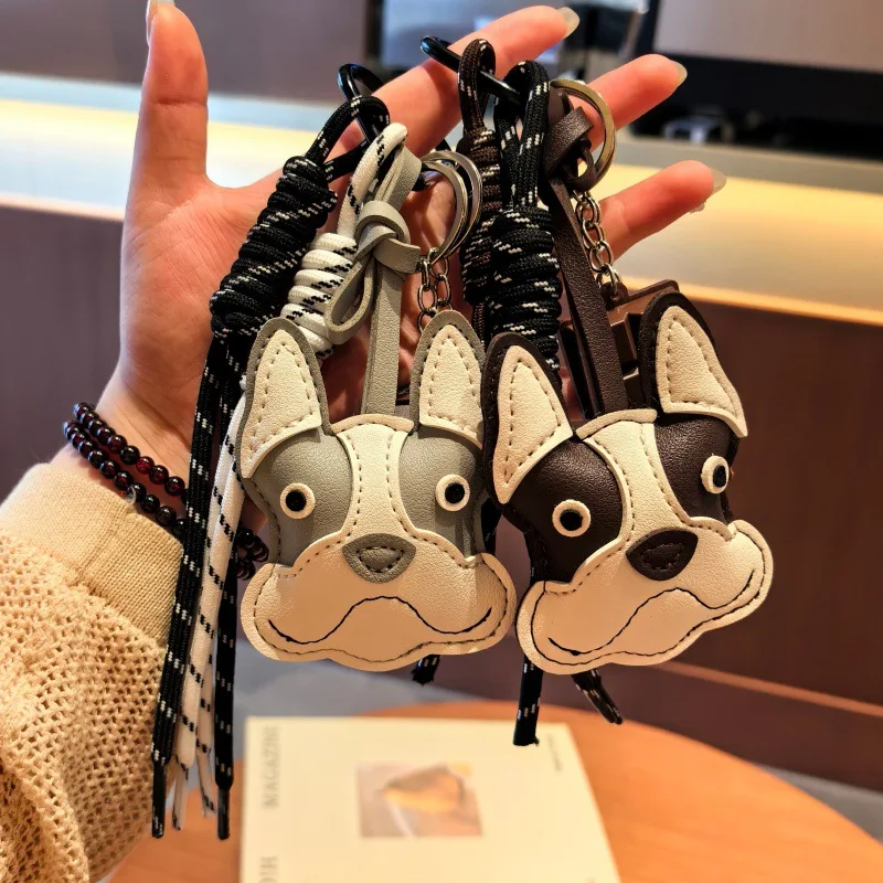 Hand Stitched PU French Bulldog Keychain Cute Dog Bag Pendant Braided Tassel Keyring for Handbag Backpack