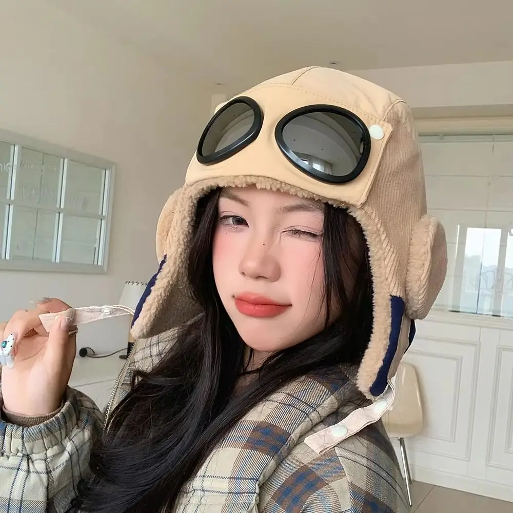 Casual Windproof Winter Pilot Hat With Goggles Anti Fog Beanie Warm Ski Hat Ear Protection Warm Cycling Lei Feng Hat Outdoor