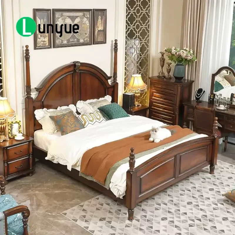 Luxury Solid Wood Bedroom Furniture Set Hand Carved Bed Frame Nightstand Dresser Modern Traditional Home Decor Durable