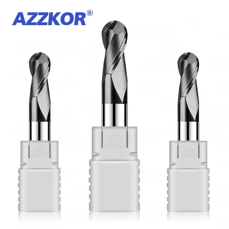 AZZKOR HRC55 2-Flute  Milling Cutter Tungsten Steel Carbide Black Nano Coating Ball End Mill CNC Mechanical Machining Endmills