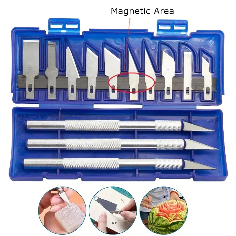 13 шт., металлический нож-скальпель, портативный синий ящик, включает 3 шт., ручки для резьбы, 10 шт., лезвия для ножей, инструмент для ремонта «сделай сам», нож для резьбы по металлу