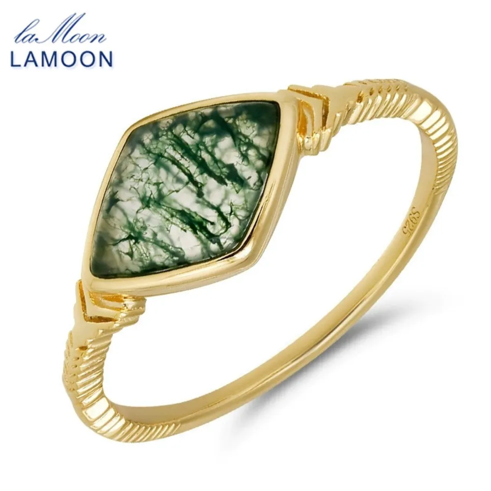 

LAMOON Ins Natural Moss Agate Gemstone Ring For Women Elegant Simple Style 925 Sterling Silver Fine Jewelry Fashion Gift