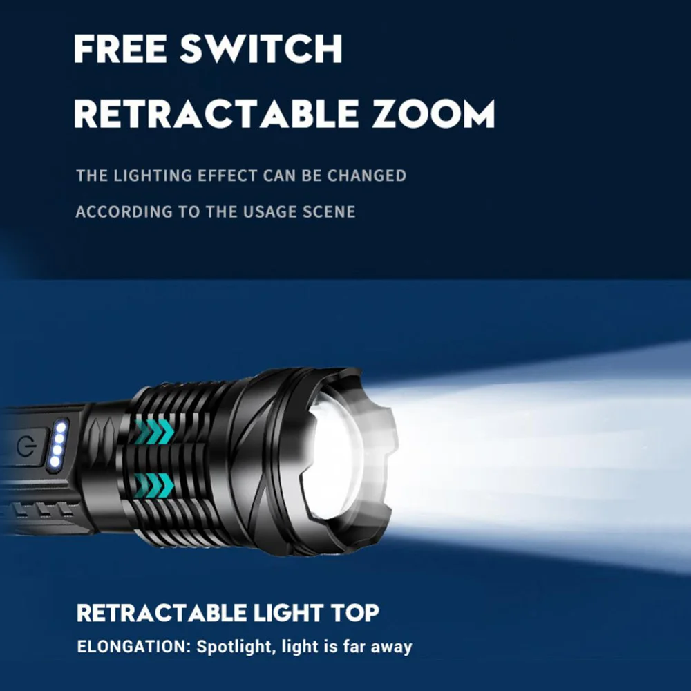 LED High Power Laser Zoom Tactical Flashlight USB Rechargeable Portable Flash Torch Camping Fishing Strong Light Outdoor Lights