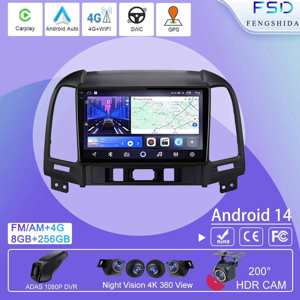 

Android 14 Car Radio For Hyundai Santa Fe 2 2006 2007 2008 2009 2010 2011 2012 Multimedia Player Stereo Auto Navigation GPS 4G