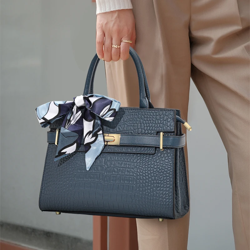Aidrani Elegant Cowhide Leather Women Handbag, Crocodile Texture Top‑handle Purse, Detachable Strap Daily Ladies Crossbody