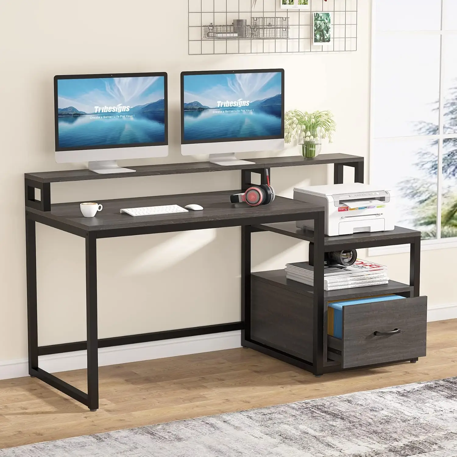 

Tribesigns Computer Desk with File Drawer and Storage Shelves, 60 inch Large Home Office Desk Computer Table Study Writing Desk