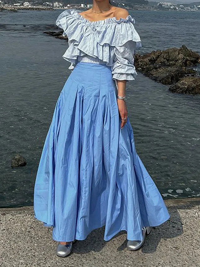 

Chic Retro High Waist Slimming Color A-Line Skirt f-length Women's Faion Spring New Sle Commute Pure Material