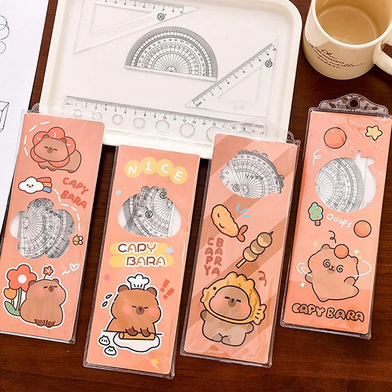 Cartoon Capybara Themed Ruler Pack; Angle, Triangle, Protractor; Multipurpose School Supplies Tool Set.