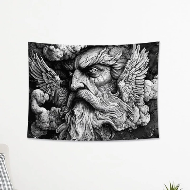 Mythical Bearded Man Black White Tapestry, Winged Divine Face Vintage Decorative Wall Hanging, Ethereal Tapestries Aesthetic for